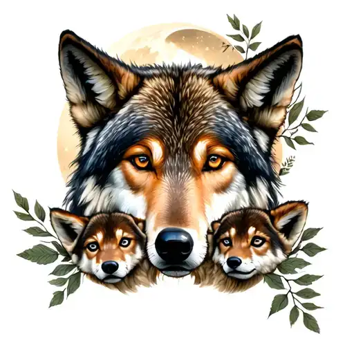 Mother Wolf And Two Cubs Tattoo With Moon And Leaves