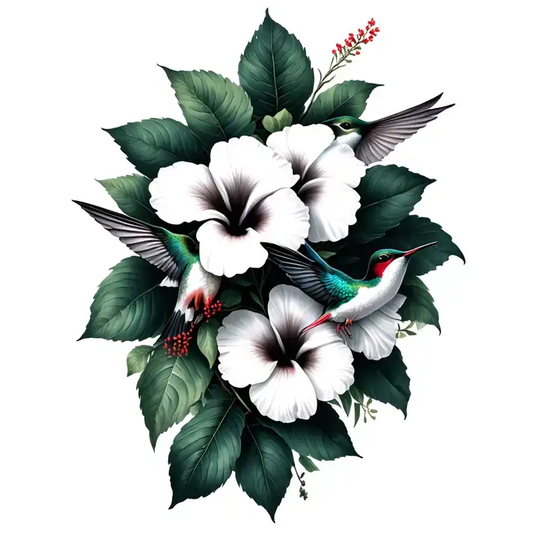 Mix Of Hibiscus Flowers And Morning Glory Flowers In Black And A Humming Bird In Realistic Gree