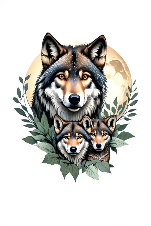 Mother Wolf And Two Cubs Tattoo With Moon And Leaves Delicate