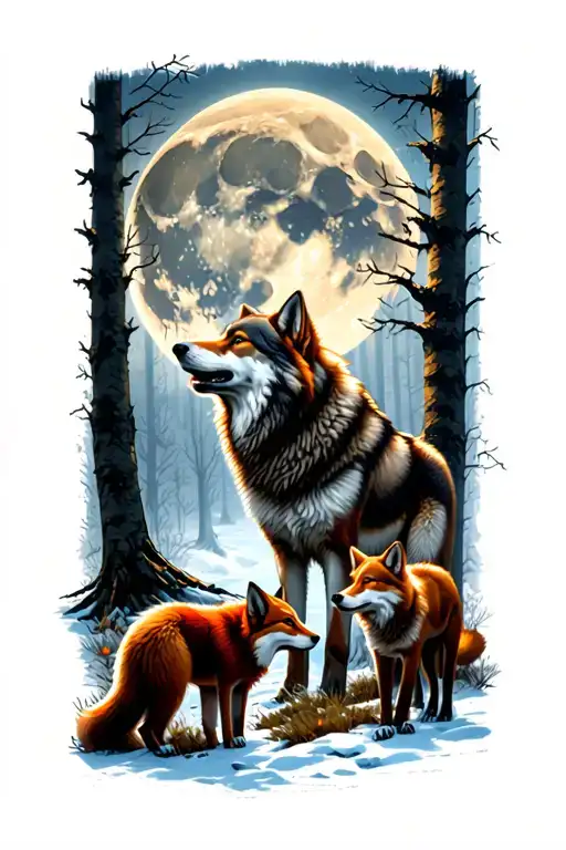 Wolf Howling At Moon With Another Wolf And Red Fox In A Forest Scene