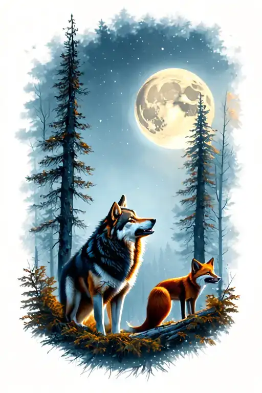 Wolf Howling At Moon With Another Wolf And Red Fox In A Forest Scene