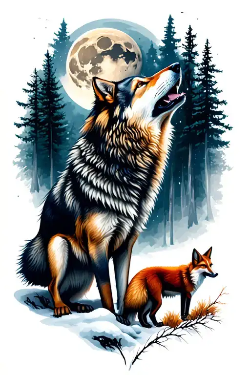 Wolf Howling At Moon With Another Wolf And Red Fox In A Forest Scene
