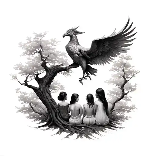 Phoenix Rising With His 3 Daughters Sitting Under A Family Tree