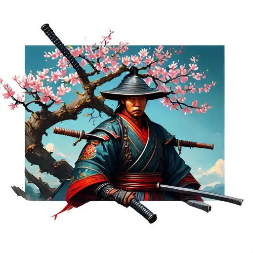 Samurai Warrior Infront Of Blossom Tree Growing
