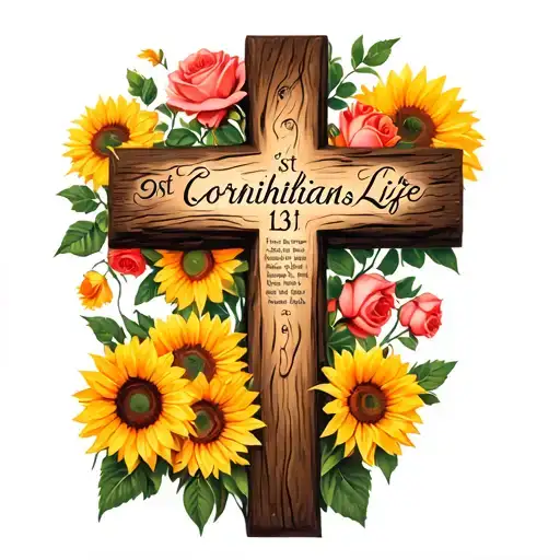 1St Corinthians 13 Engraved On Wooden Cross Surrounded By Roses And Sunflowers