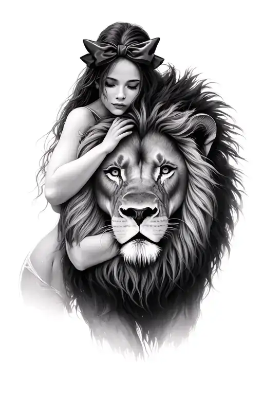 Woman With Long Hair With Bow Hugging A Large Lion With Dark Mane