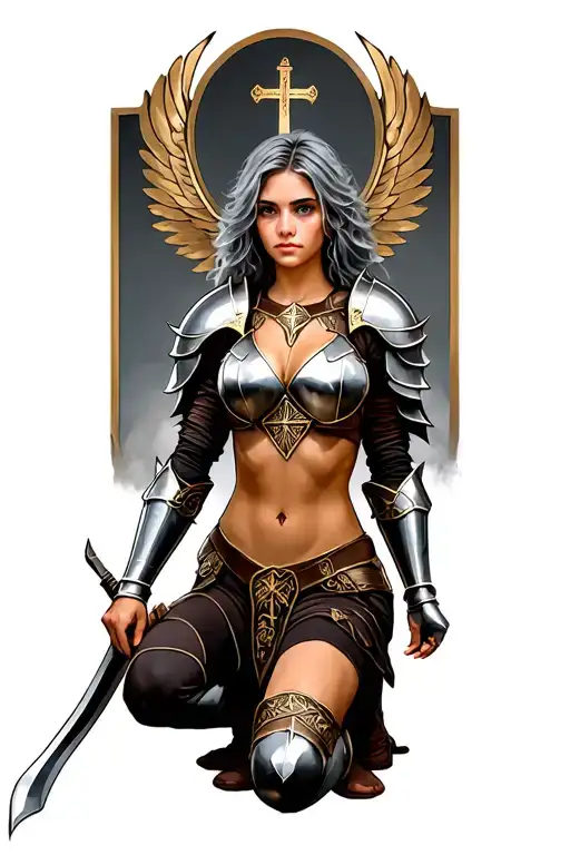 Christian Armor Of God Female Warrior Kneeling Gray Hair