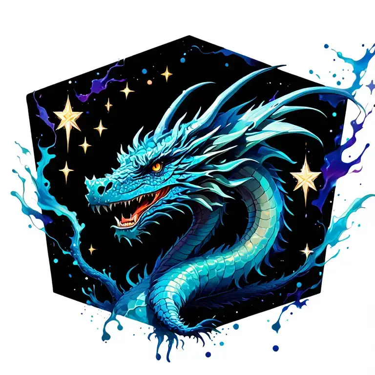 Dragon With Beautiful Stars And Acrylic Splashes Everywhere