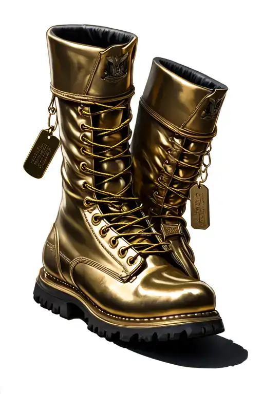 Gold Military Boots With A Set Of Dog Tags Hanging Off Of The Boots
