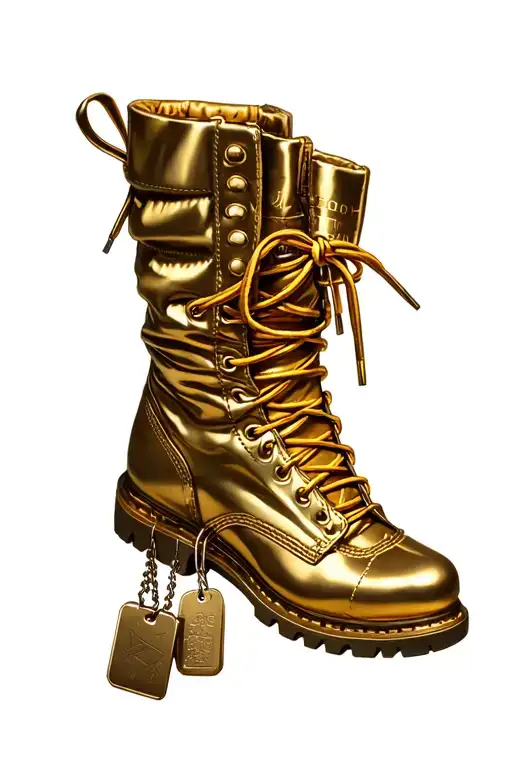 Gold Military Boots With A Set Of Dog Tags Hanging Off Of The Side Of The Boots