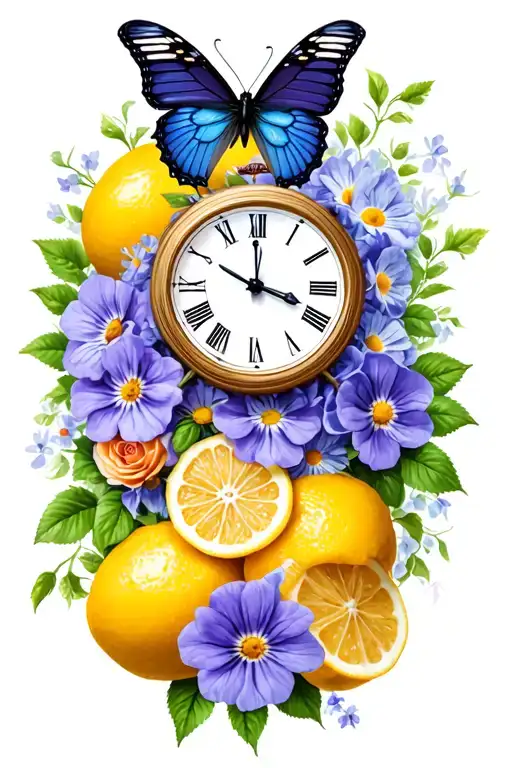 Rose And Violets And Daisies And Butterfly Resting And Lemons And Thunderstorm And Clock And Cat Eye