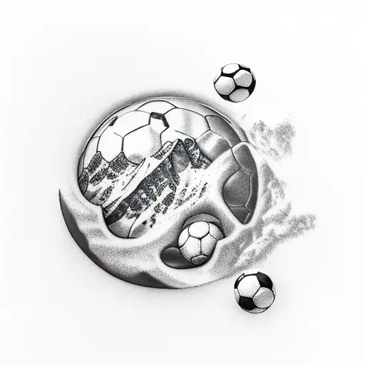A Realistic Tattoo Of A Mountain Range With A Soccer Ball Rolling Down One Of The Peaks
