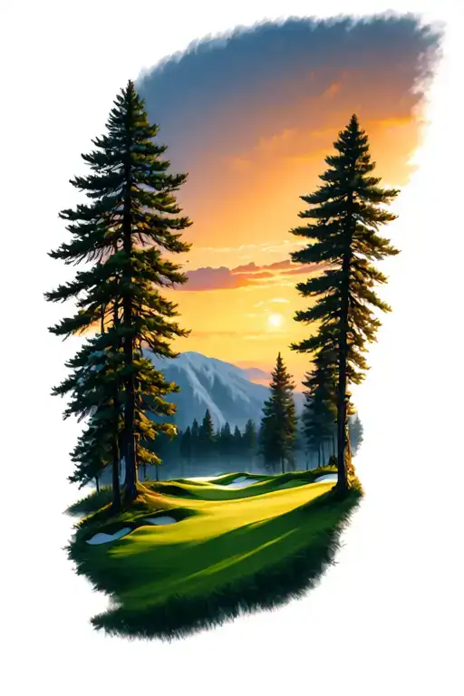 Pine Forest Scene At Sunset On A Golf Course Landscape