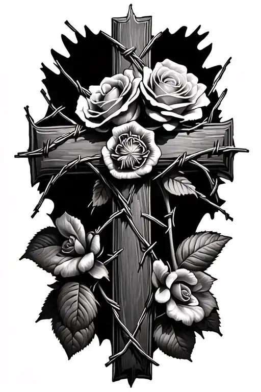 Cross With Black And White Barbed Wire Roses
