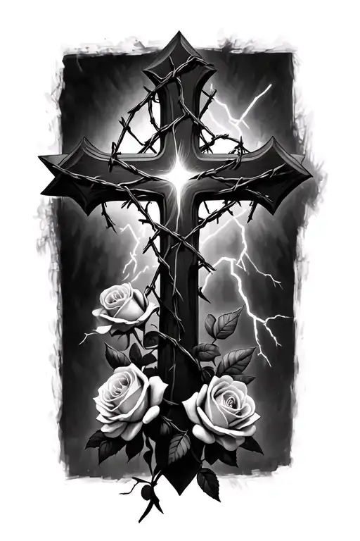 Cross With Black And White Barbed Wire Roses With Lightnings And A Bousolles