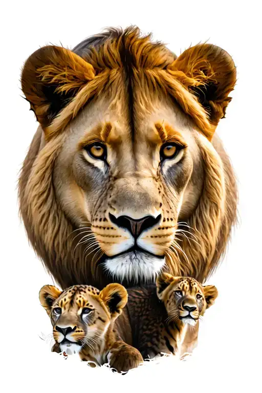 Lioness With 2 Cubs Face Only