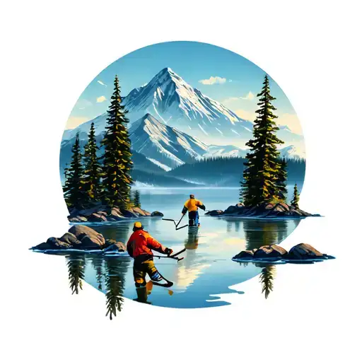Mountain Scene With Pond Hockey On Lake