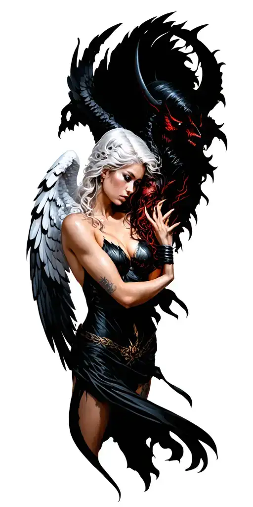 1 Sexy Female Angel In White Fighting 1 Sexy Female Demon In Black