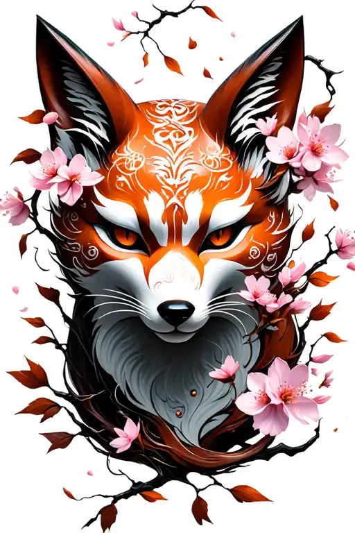 Kitsune Mask Surrounded By Swirling Sakura Leaves Falling