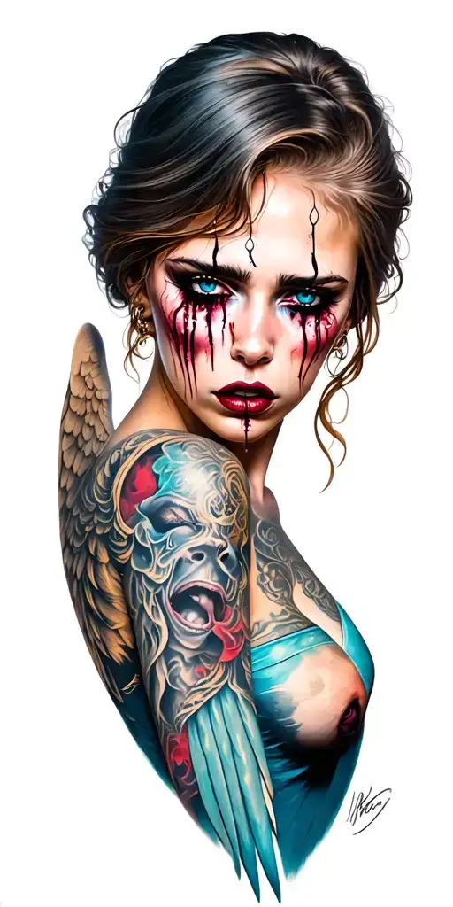 Tattooed Sexy Angel Crying Face