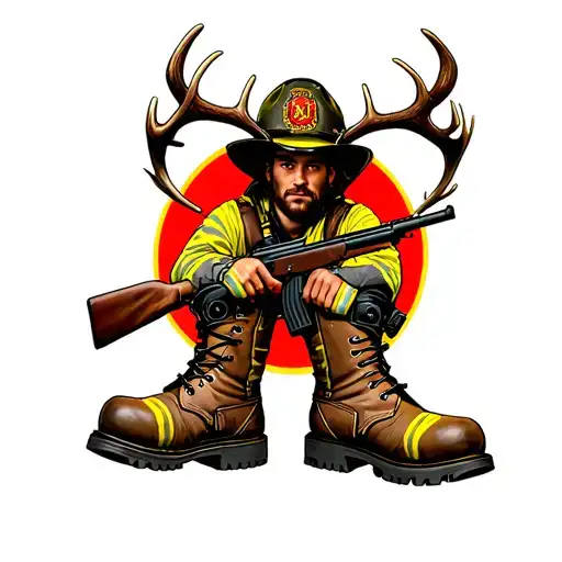 Firefighter Boots And Hat With Antlers And Rifle Tattoo idea
