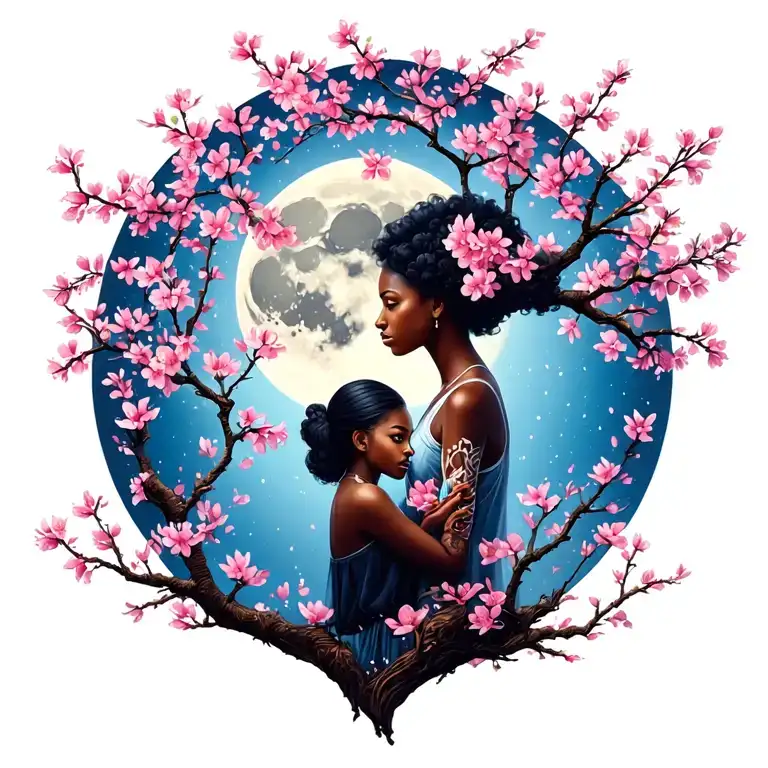 Half Full Back Cherry Blossom Tree With The Moon & A Black Girl