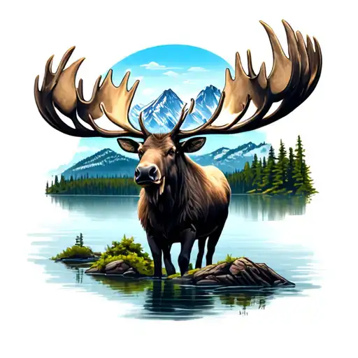 Moose Over Looking Lake Surrounded By Mountains