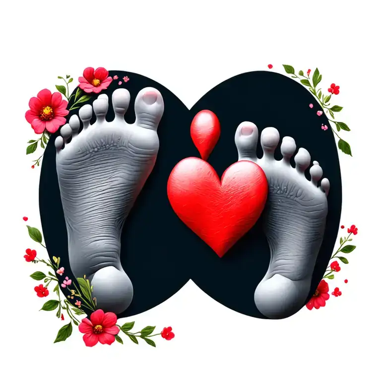 Baby Foot Print With A Red Heart And Flowers