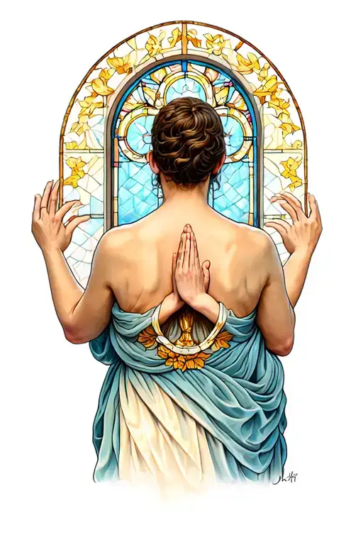 Somebody Praying From The Back With A Stained Glass Window In