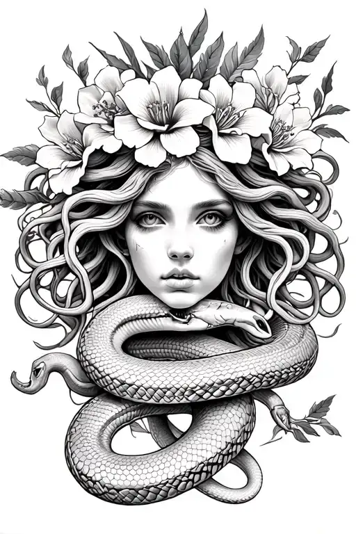 Black And White Medusa Tattoo With 2 Snakes And 6 Flowers