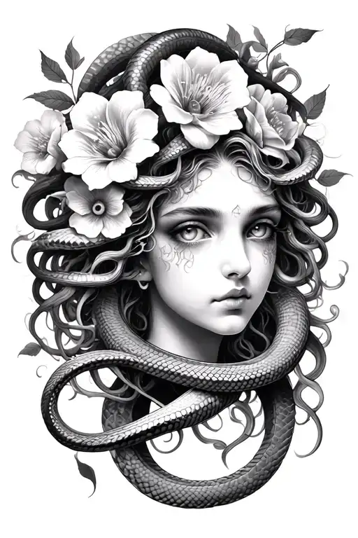 Black And White Medusa Tattoo With 2 Snakes And 6 Flowers And Her Eyes White