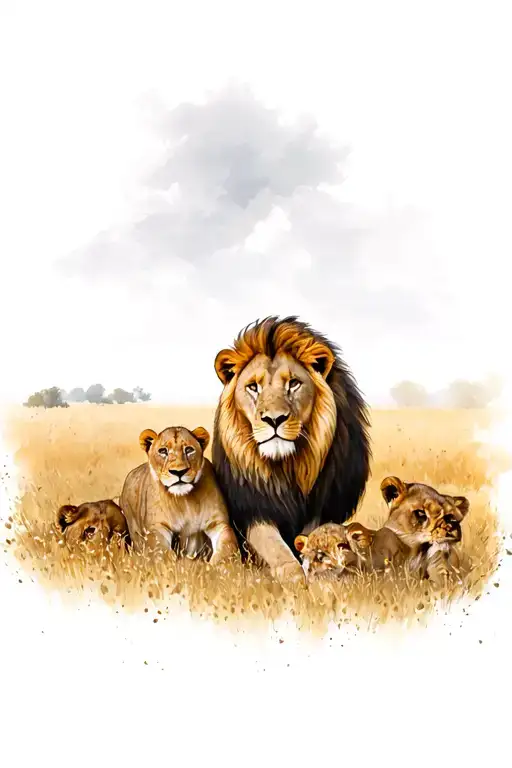Lion And Cubs Playing In A Field