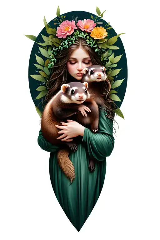 Dryad Holding A Ferret Against A Background Of Leaves And Flowers