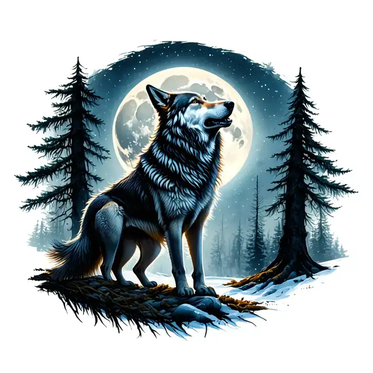 Lone Wolf Howling Moon Woods Surrounded