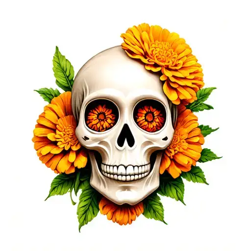 Marigolds With A Small Hidden Sugar Skull Tattoo Design