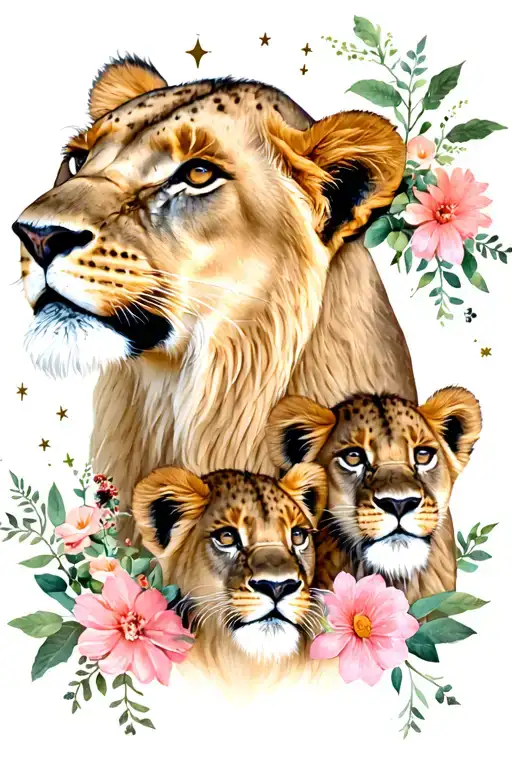 Lioness With 2 Cubs And Flowers And Star Constellation