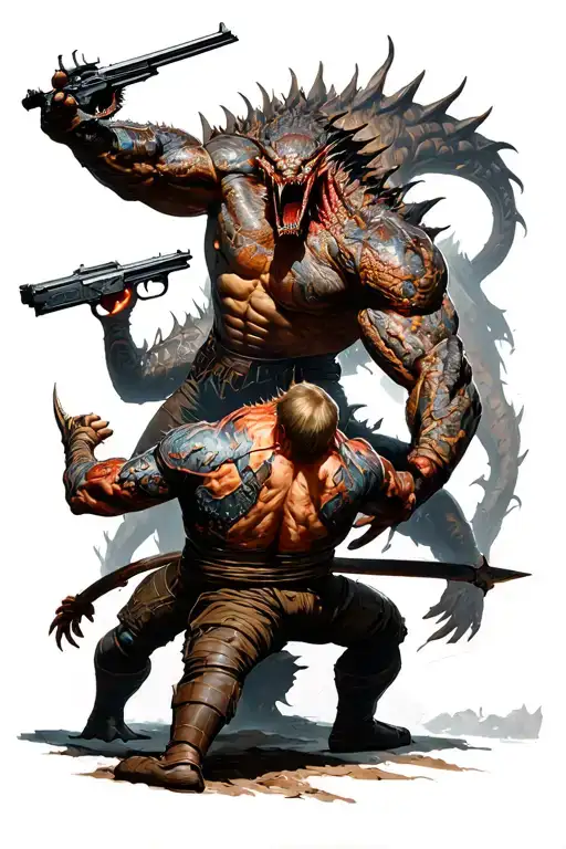 Human Heroes Fighting Monsters In Battle Scene