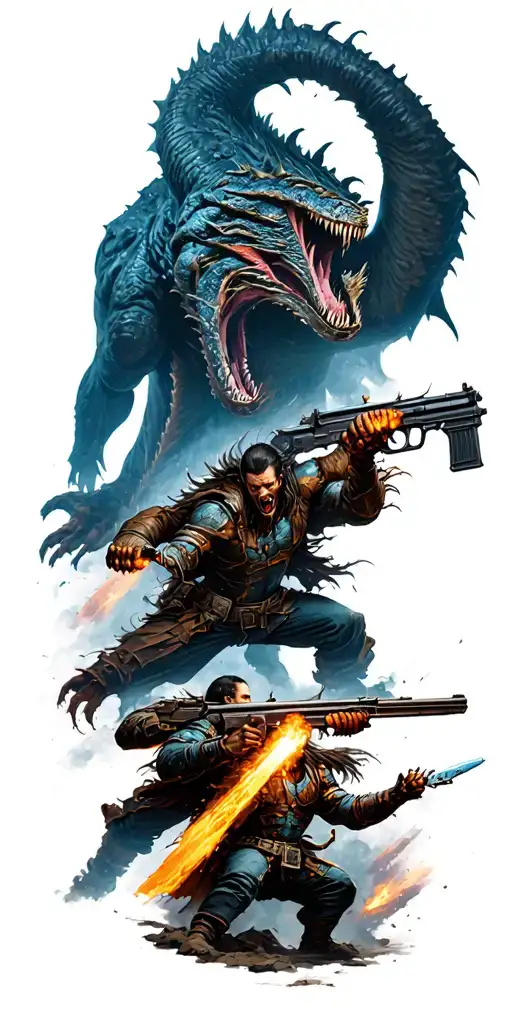 Human Heroes Fighting Monsters In Battle Scene