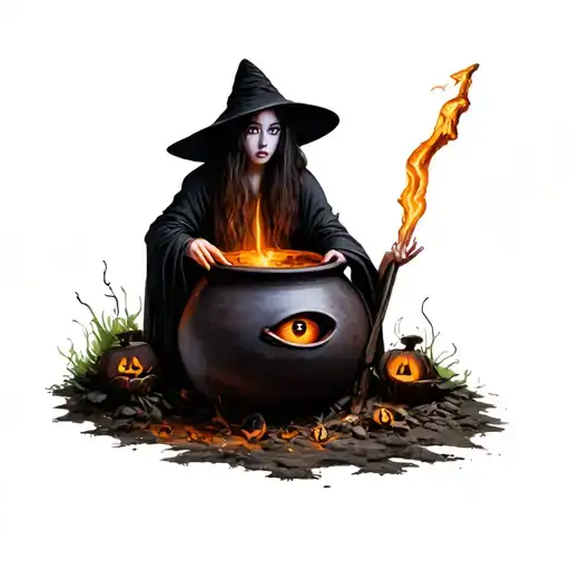 Witches Around Pot With No Eyes In Cave