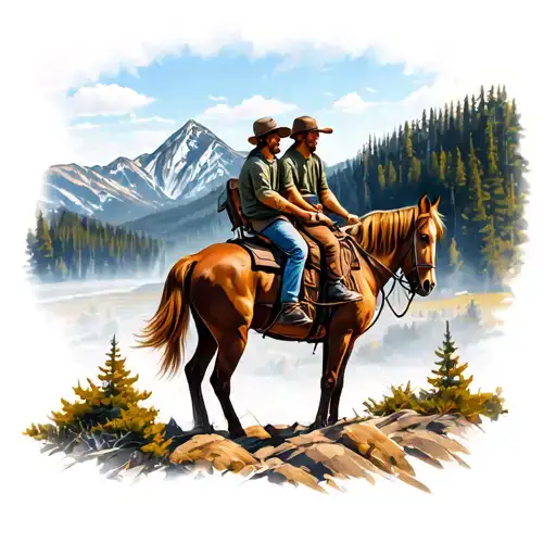 Father And Son In The Montana Mountians Ridding Horseback On A Camping Trip