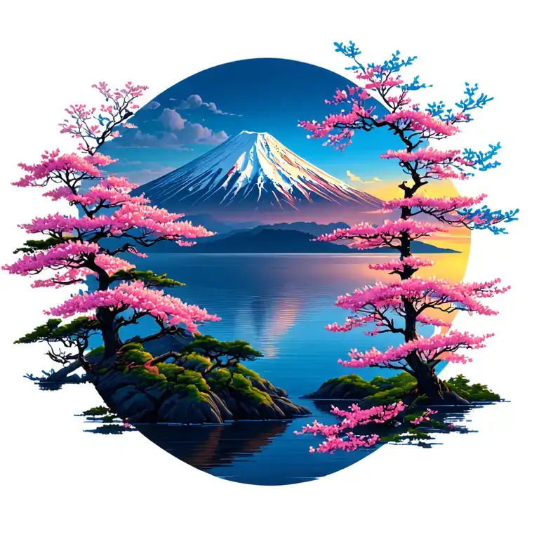 Mount Fuji Sakura Trees Colors Sunset Over Lake