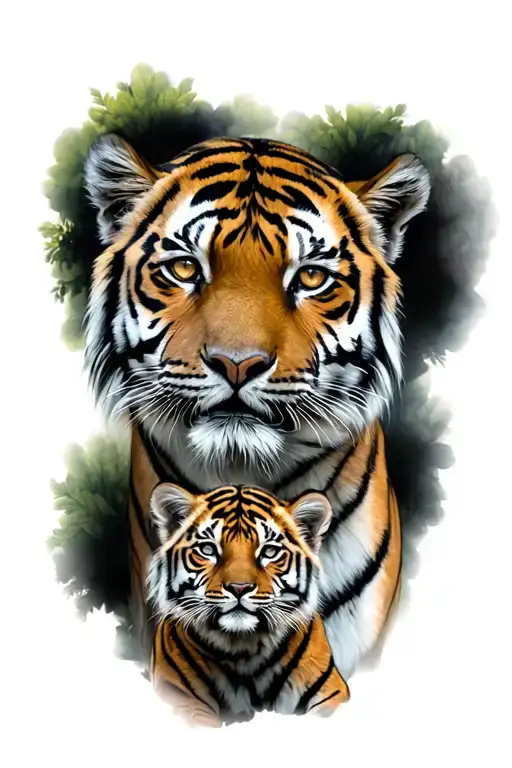 Grown Male Tiger And Two Tiger Cubs