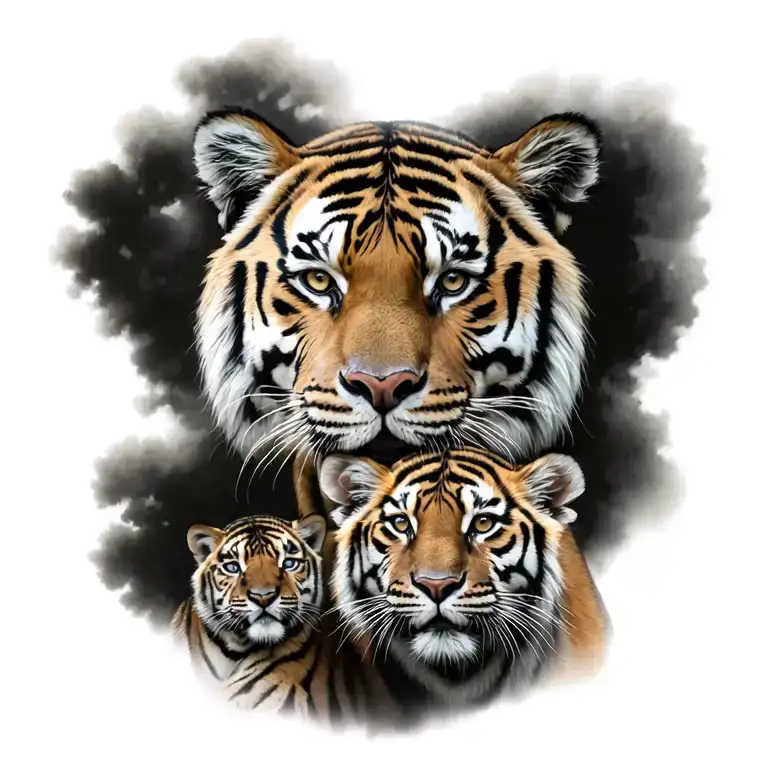 Grown Male Tiger And Two Tiger Cubs