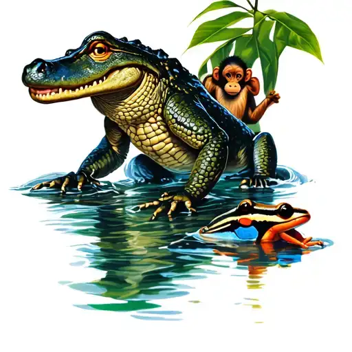 Realistic Jungle River Scene With Crocodile Monkey And Poison Dart Frog