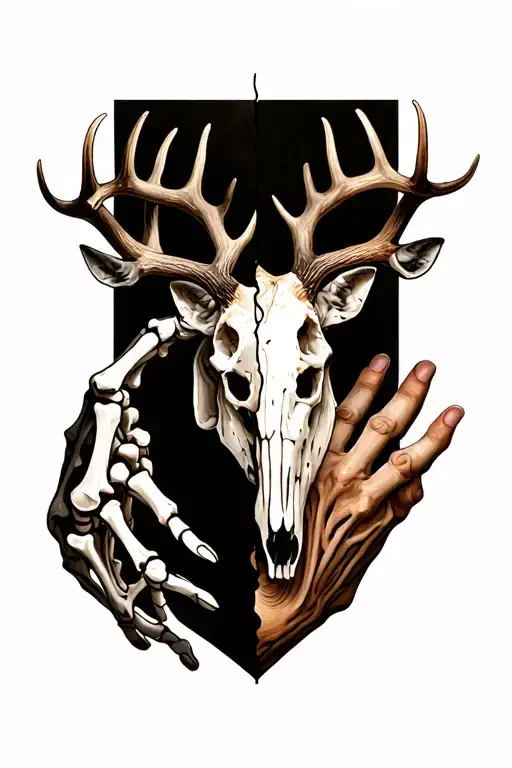 Skeleton Hand On Half With Deer Skull And Antlers On Other Half Split Diagonally