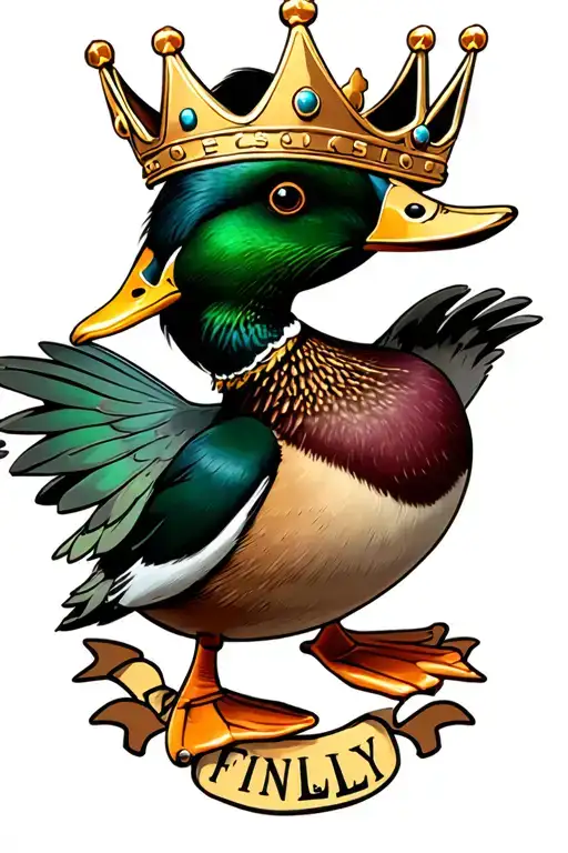 Mallard Duck About To Land Wearing A Gold Crown And Chain That Says Finally