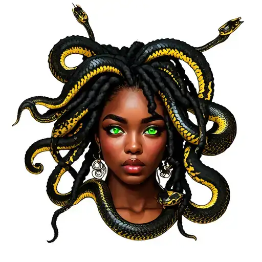 Medusa Fashionista Black Woman With Dread Locs And Snakes With Green Eyes