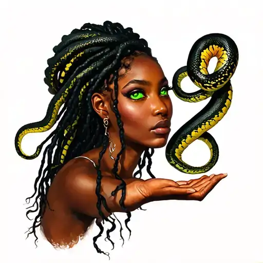 Medusa Fashionista Black Woman With Dread Locs And Snakes With Green Eyes Reaching Out For Love