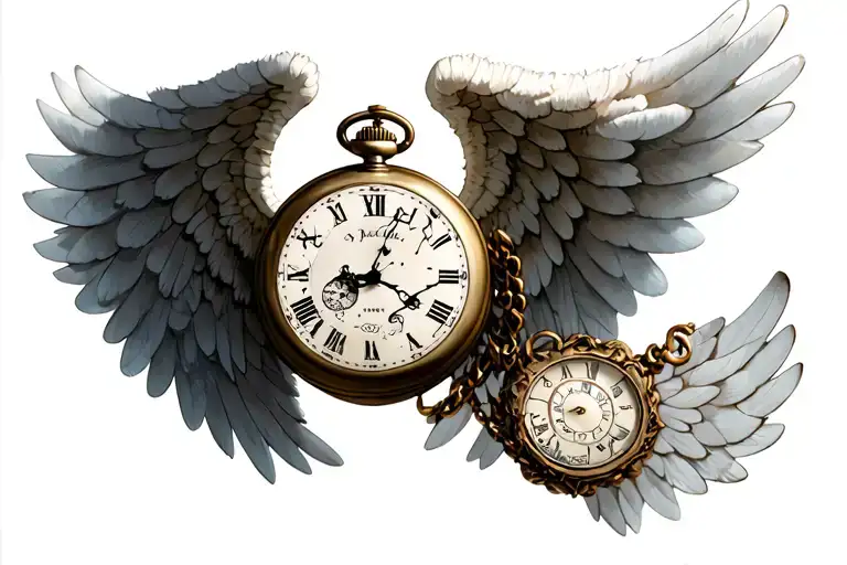Angel Wings With Broken Pocket Watch Surrounded