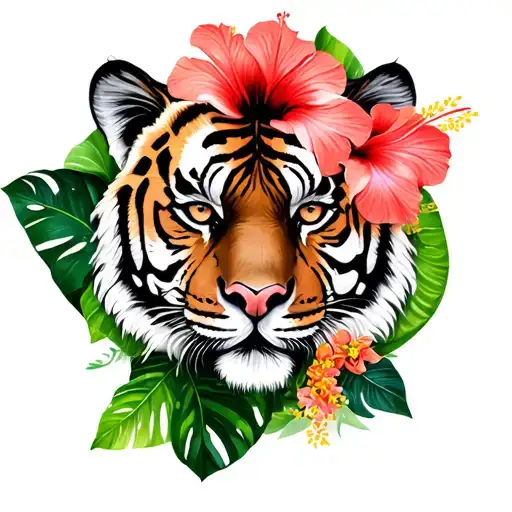 Tiger Face With Hibiscus And Monstera Plant